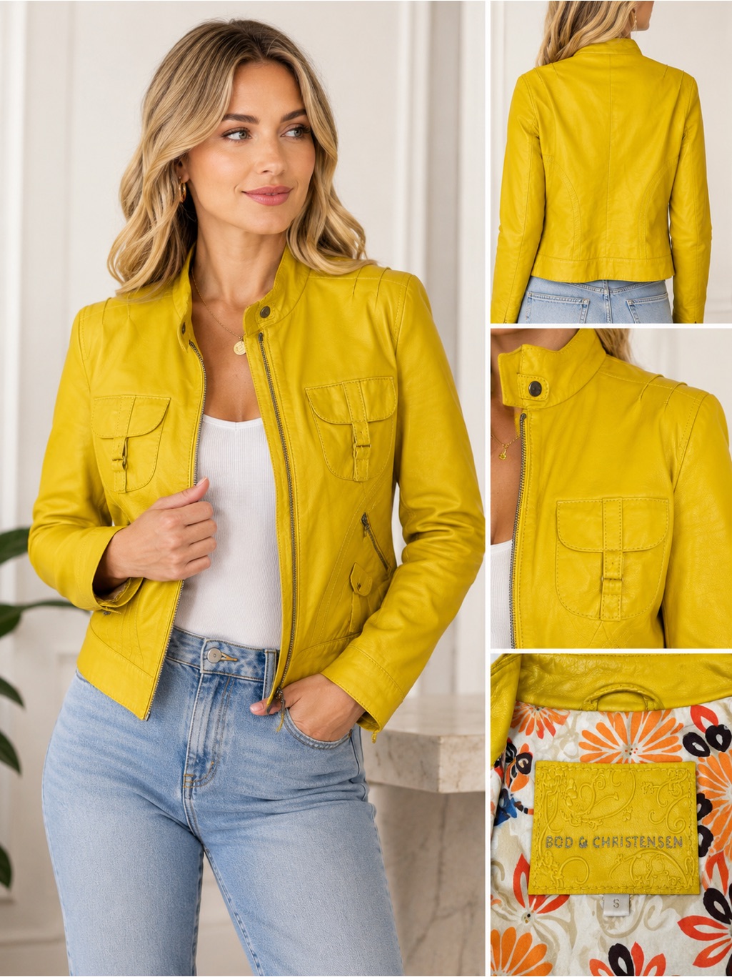 Bod & Christensen Yellow Leather Moto Jacket Womens Small